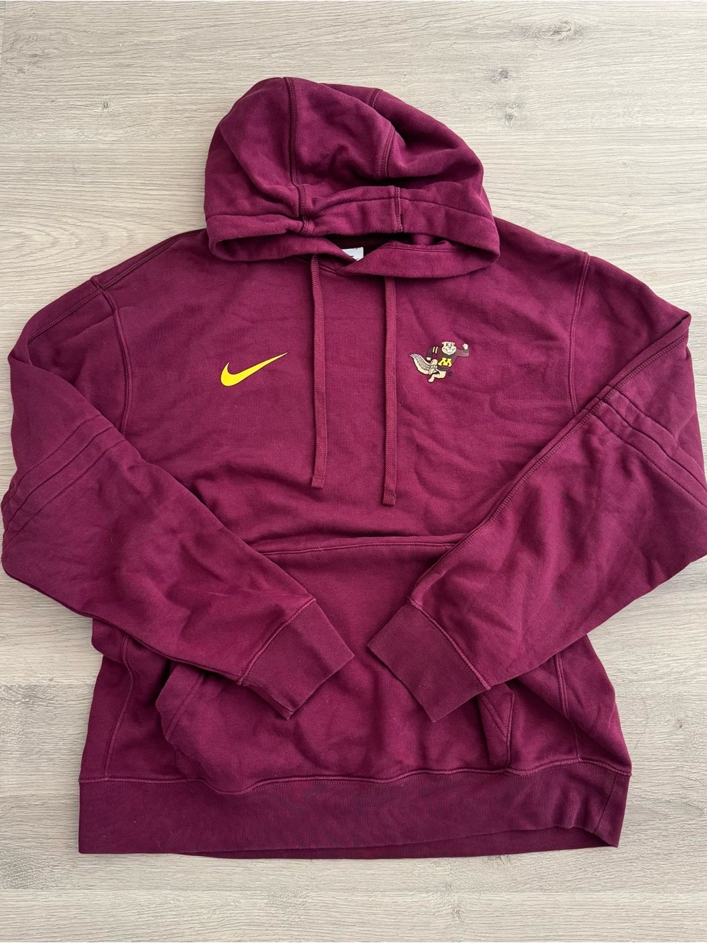 Nike UofM Gophers Men's Maroon Hooded Pullover Sweatshirt with Yellow Swoosh